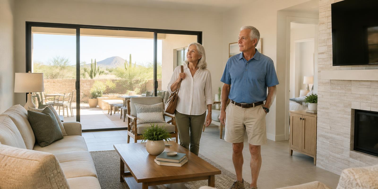 Retired couple touring an updated single-story Arizona home with a desert patio