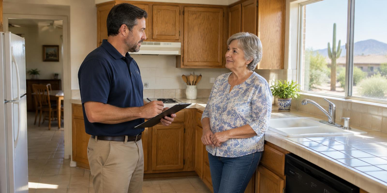 Home inspector reviewing a checklist with a homeowner in a dated Arizona kitchen