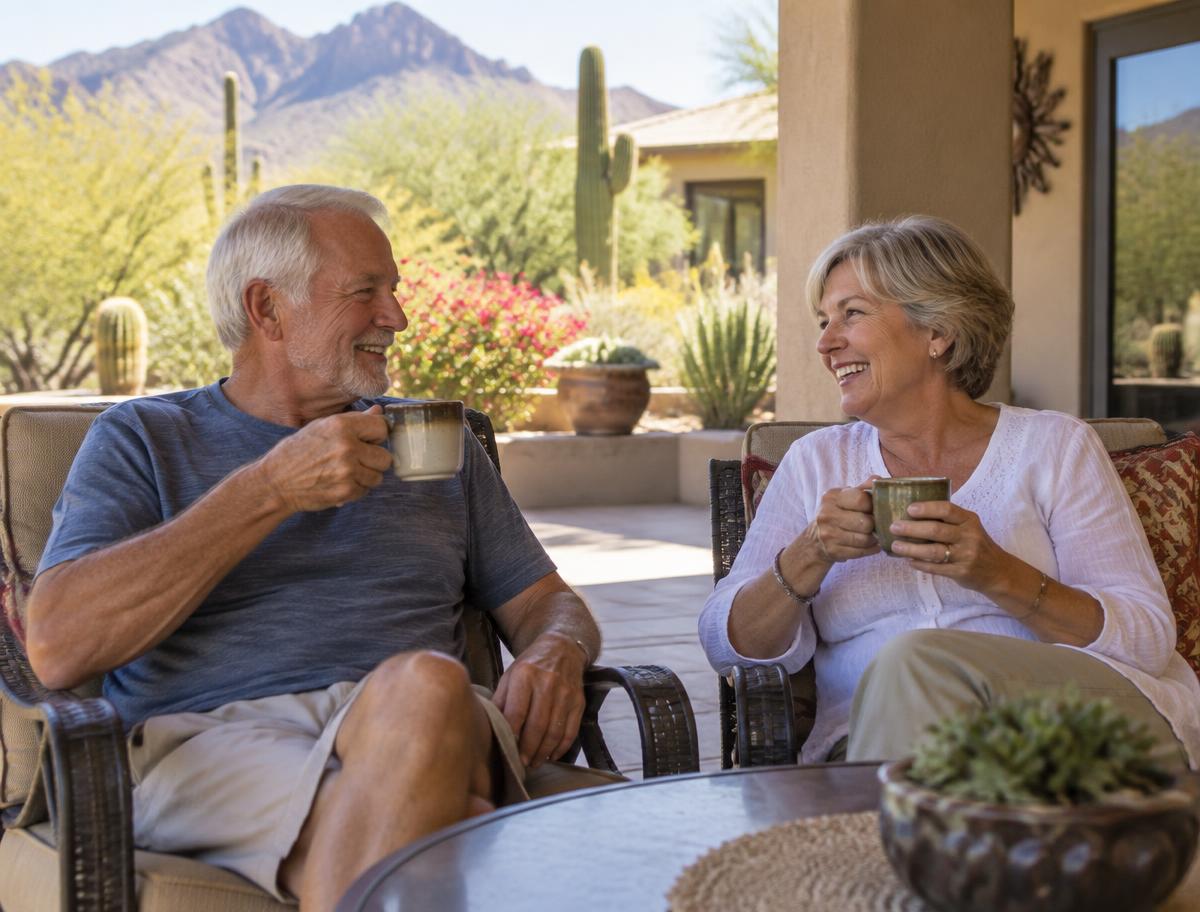 Couple sharing morning coffee on a shaded desert patio