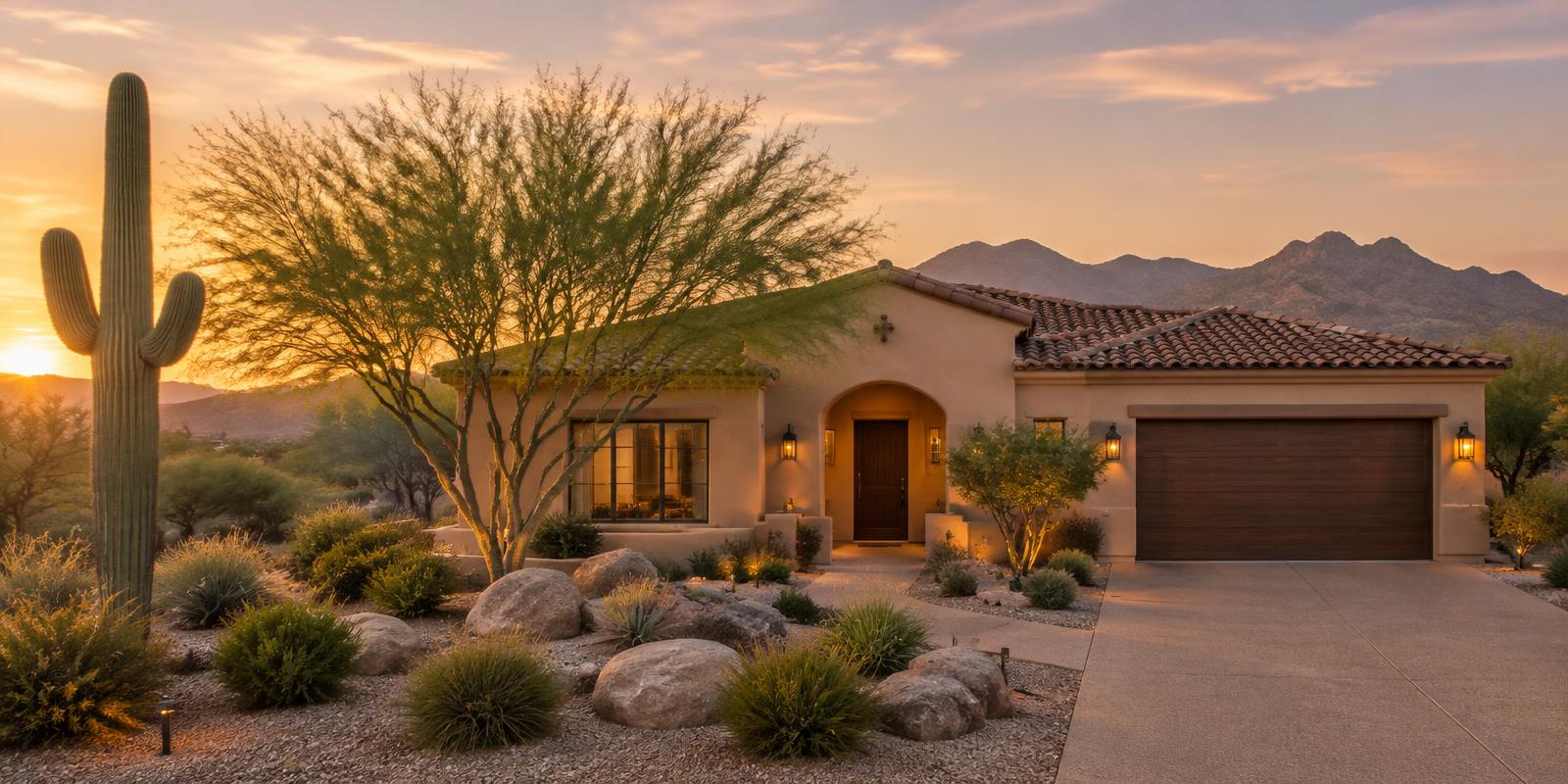 Single-story stucco home with desert landscaping at sunset