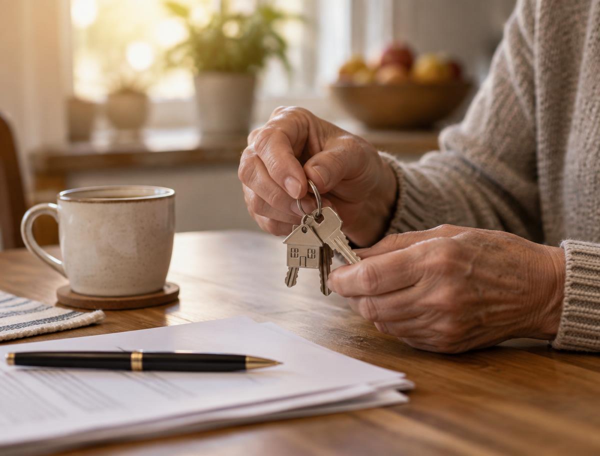 Hands holding house keys over closing paperwork and a cup of coffee