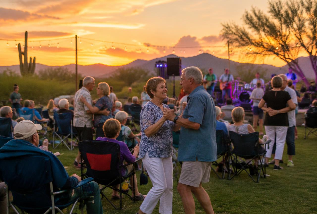 Couple dancing at an outdoor evening concert