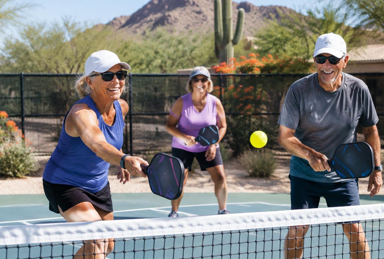 Active adults playing pickleball outdoors on a sunny morning
